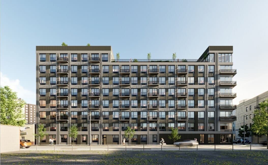 An architectural rendering of The Astelle: an eight-story brick building on Rider Avenue with stepped balconies